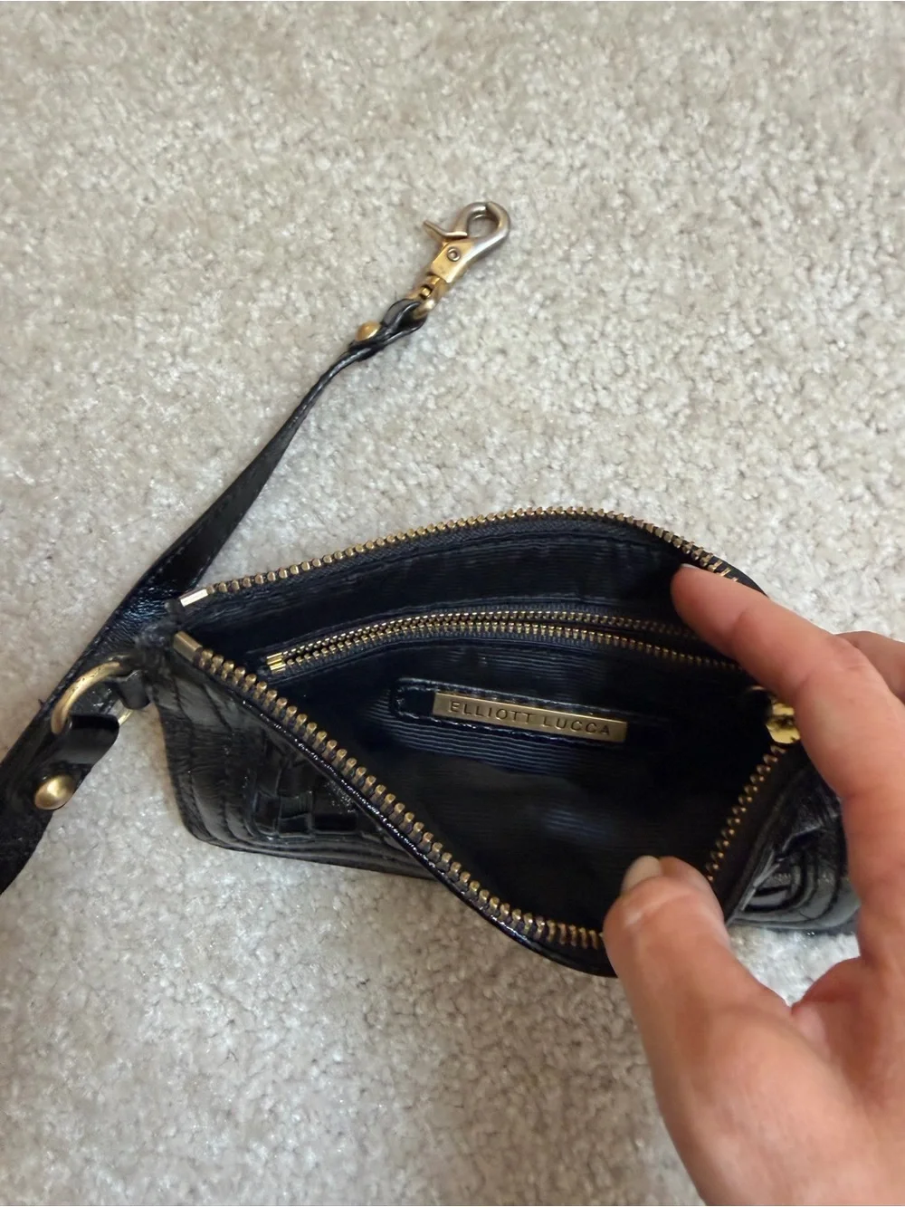 Elliott Lucca Black Woven Leather Wristlet with Gold Plate